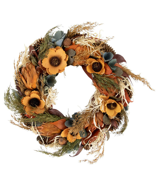 Sunflower and Straw Artificial Fall Harvest Wreath Orange