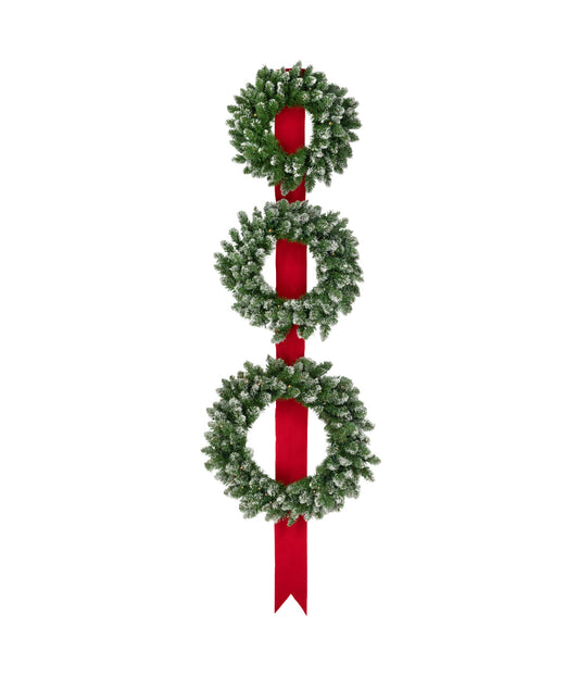 Flocked Wreaths on Red Ribbon Pre-Lit Christmas Decoration Set of 3, 6.5'