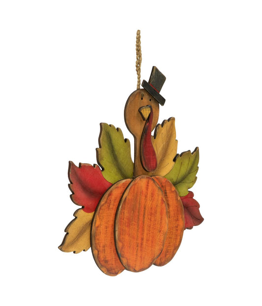Turkey with Pumpkin Fall Harvest Hanging Decoration Brown