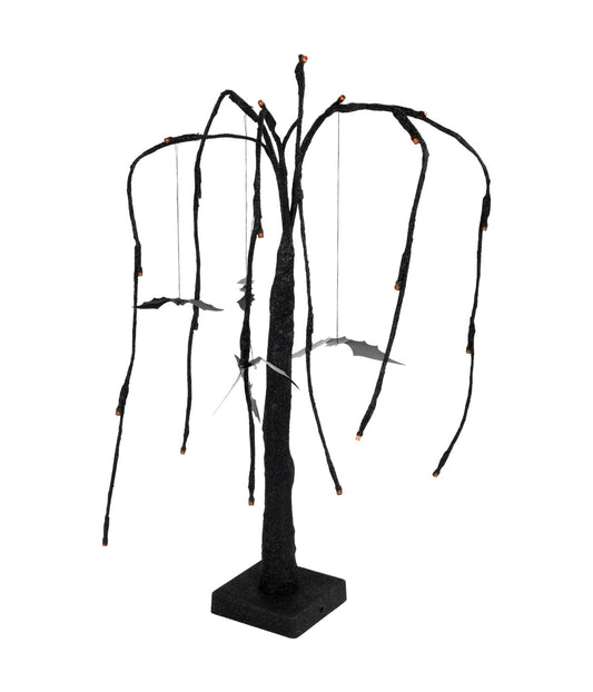 Lighted Black Glittered Halloween Willow Tree with Bats