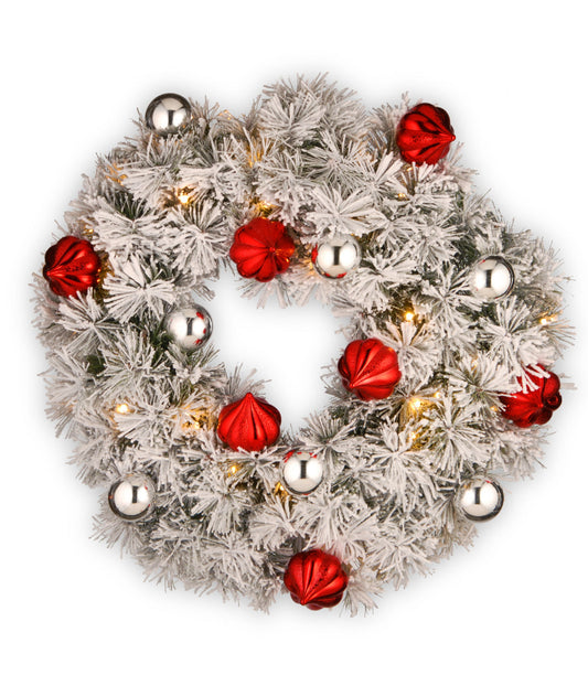 Snowy Bristle Pine Christmas Wreathwith Warm White & Multi LED Lights, 24"