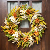 White and Orange Hydrangea Artificial Fall Harvest Twig Wreath  28-Inch  Unlit
