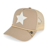 Vintage Havana Trucker Hat for Women – Khaki Mesh & Canvas Adjustable Cap With White Pearl Star & Rope