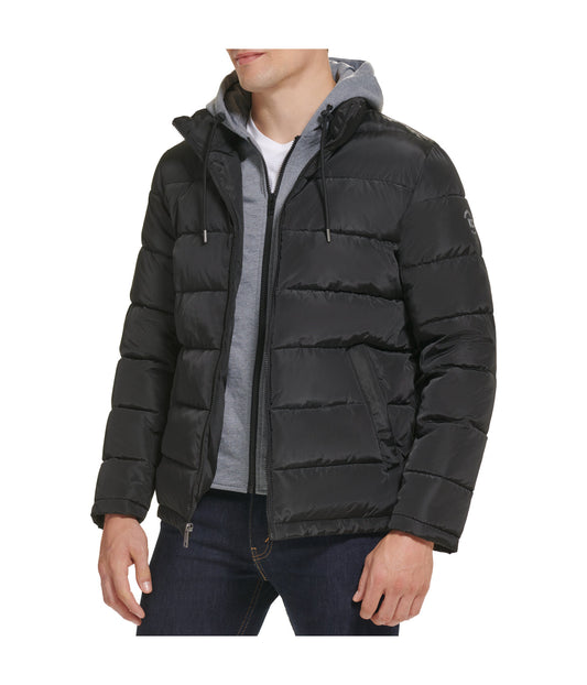 Hooded Faux Memory CF Puffer With Jersey Bib and Hood