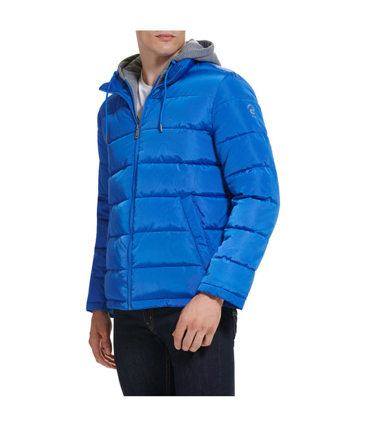 Hooded Faux Memory CF Puffer With Jersey Bib and Hood