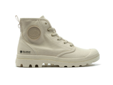 Beige high-top boot with visible Palladium logo on a white background