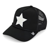 Vintage Havana Trucker Hat for Women – Black Mesh & Canvas Adjustable Cap With White Pearl Star & Rope