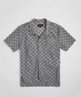 Checkerboard Towel Color Blocked Short Sleeve Button Down Shirt - Grey