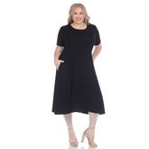 Plus Size Short Sleeve Pocket Swing Midi Dress