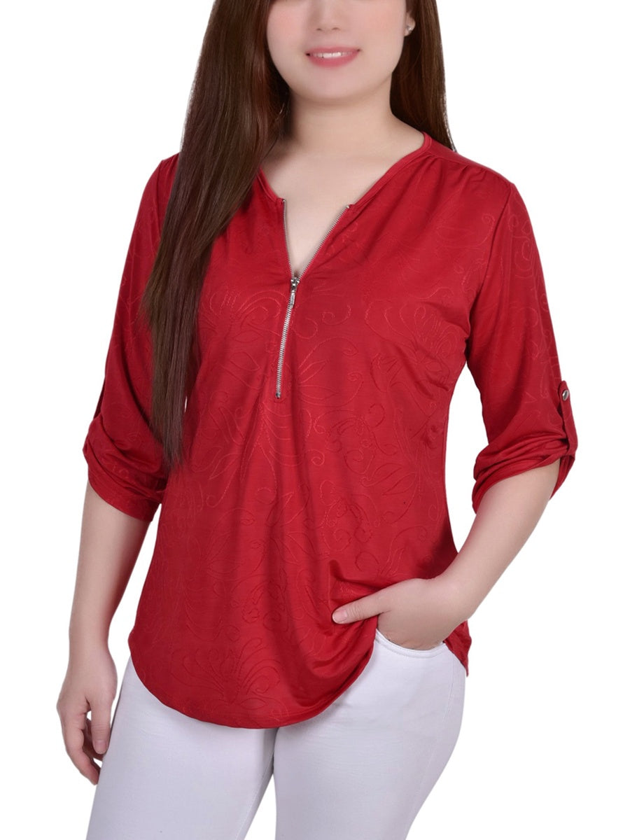 売れ筋商品|||ニューヨークコレクション カットソー トップス レディース Women's 3/4 Roll Tab Zip Front Jacquard Knit Top Red 3/4 Roll Tab Zip Front Jacquard Knit Top – NY COLLECTION