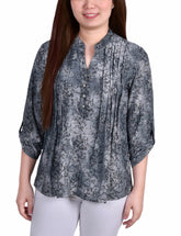 3/4 Roll Tab Sleeve Y Neck Top