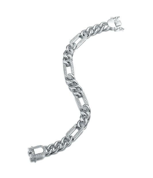 Men's Sterling Silver White Gold Plated with Iced Out Cubic Zirconia Paper Clip Curb Chain Bracelet