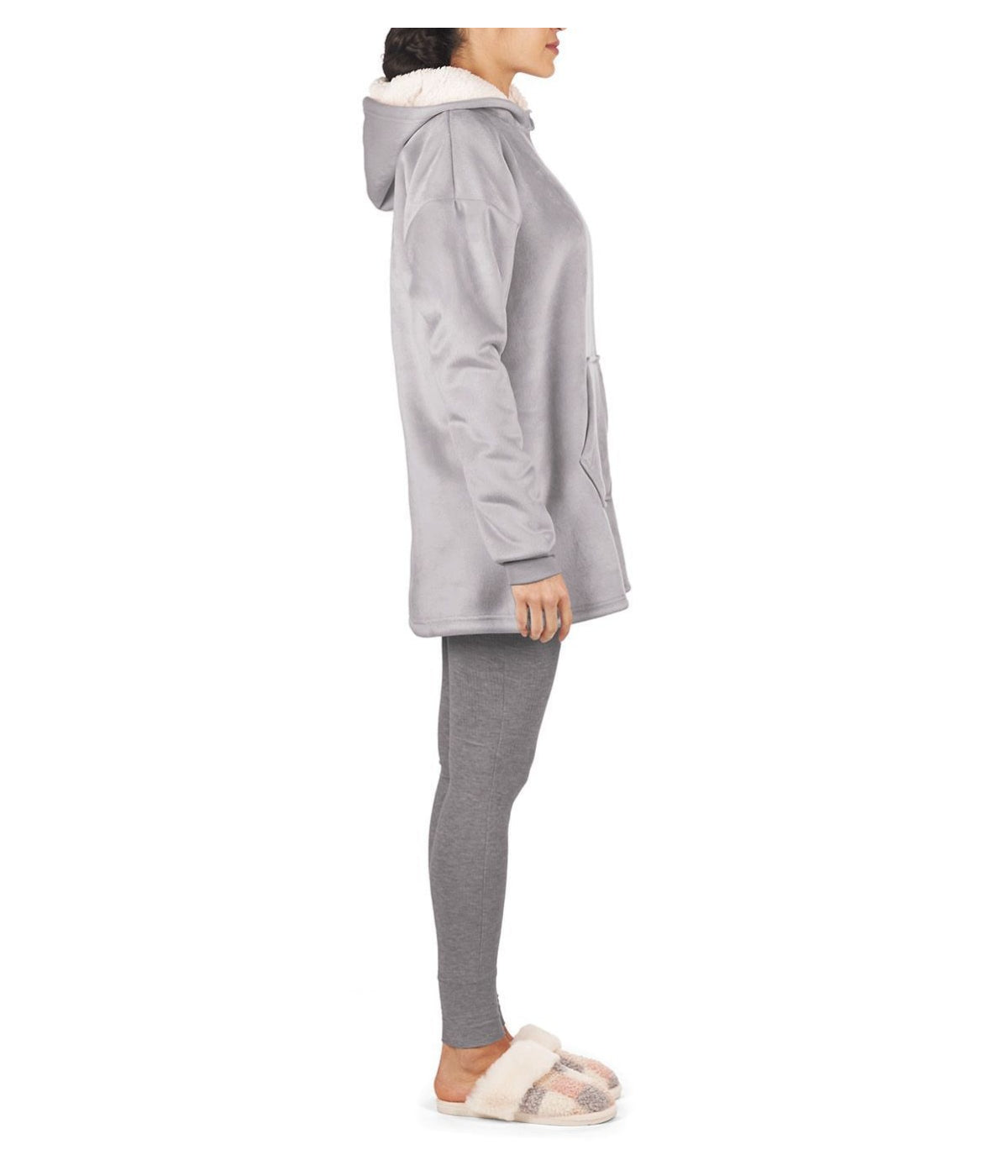 Women's Sherpa-Lined Soft Velour Hooded Lounge Top Gull Gray