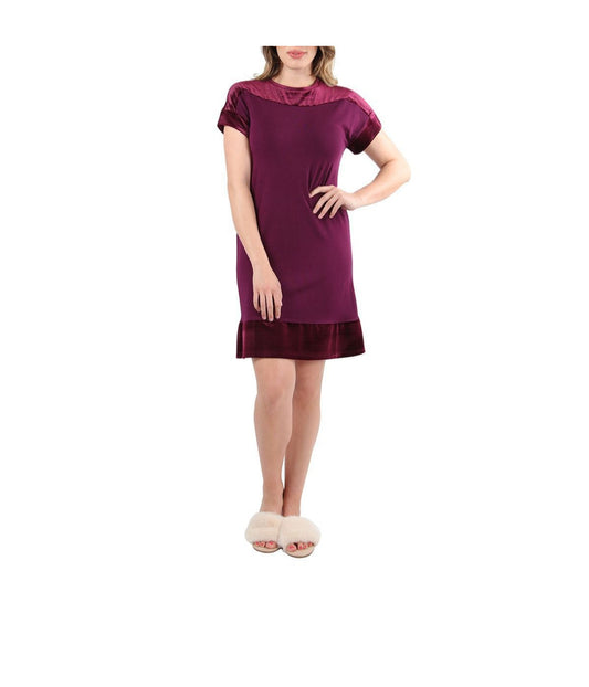 Women's Smooth Velour Luxe Frosted Trim Nightshirt Burgundy
