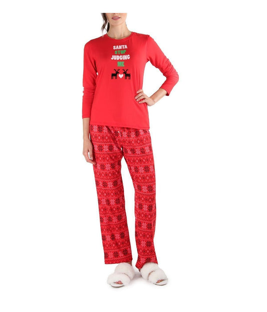 Women's Santa Don't Judge Me Snowflake Love Pajama Set Red
