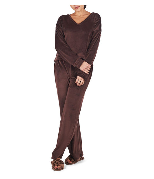Women's Velour Loose Fit V-Neck Sweatshirt and Pants Set Dark Brown