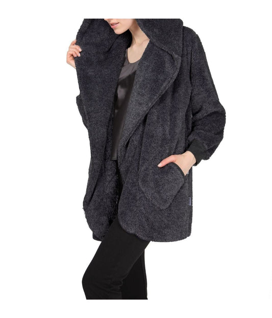 Women's Marled Plush Hooded Lounge Sweater with Shawl Collar Charcoal