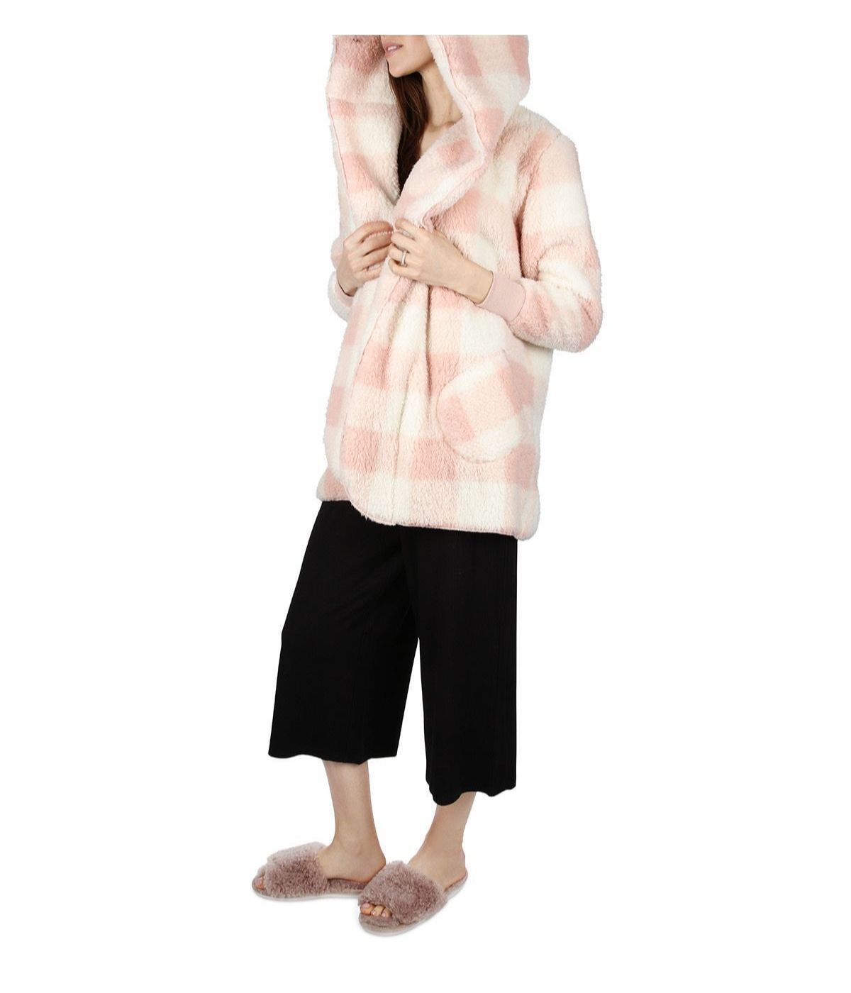 Women's Plaid Plush Hooded Cardigan Blush
