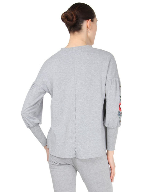 Women's Oversized Dropped Sleeve Top with Ribbed Cuff and Embroidery Gray Heather