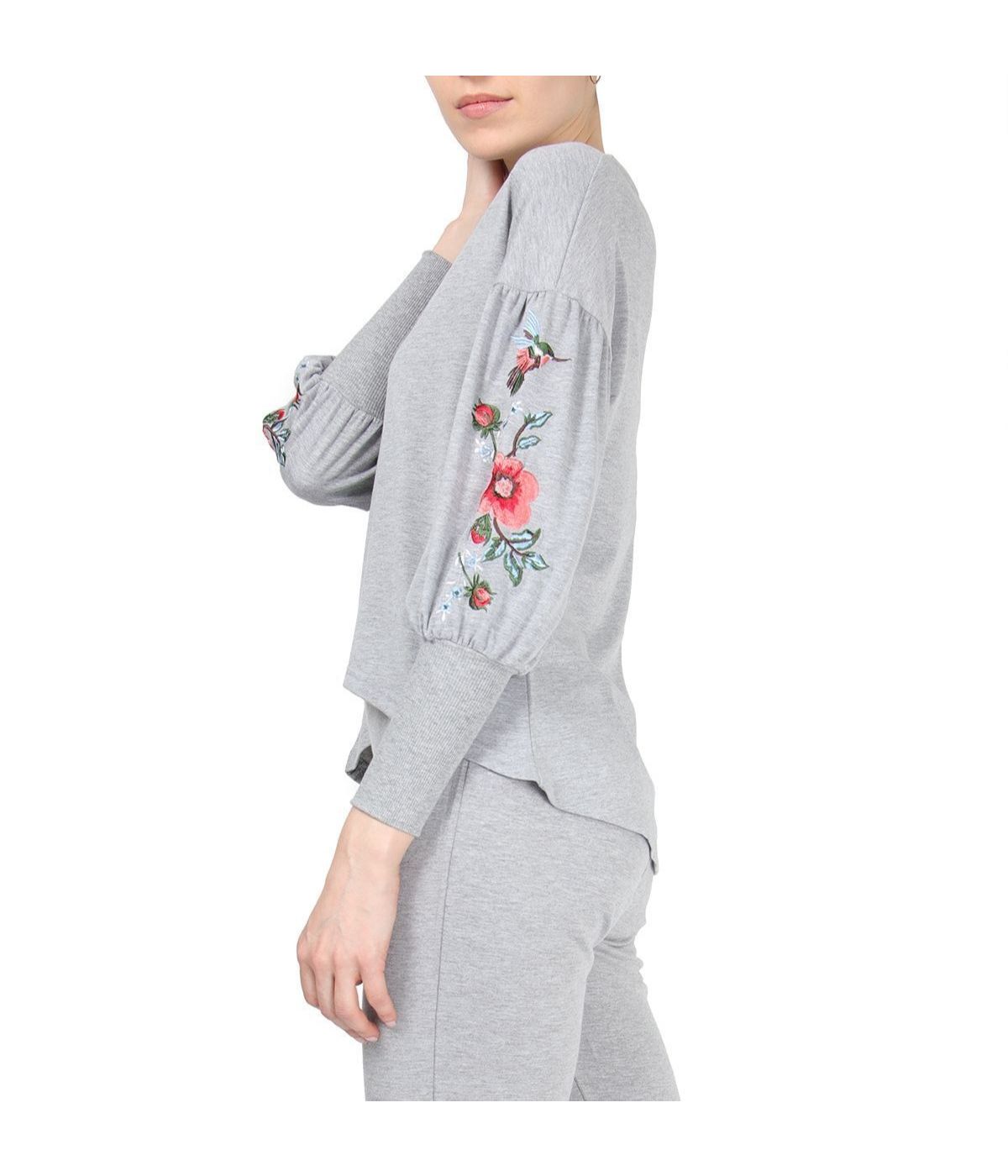 Women's Oversized Dropped Sleeve Top with Ribbed Cuff and Embroidery Gray Heather