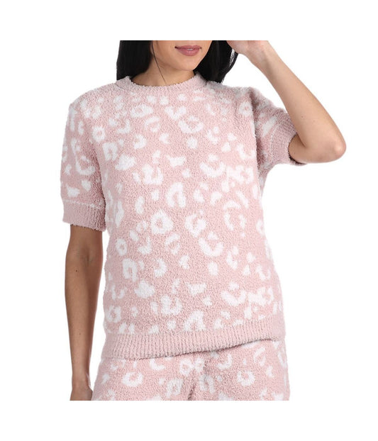Women's Leopard Print Cozy Knit Short Sleeve Top Pink-Ivory