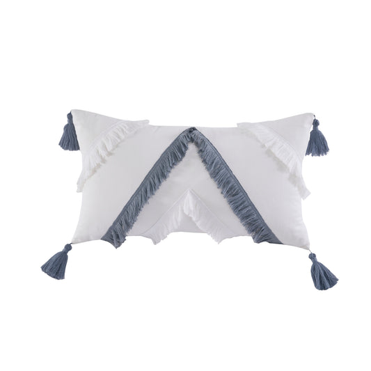 Reva Cotton Oblong Pillow with tassels Off White & Blue