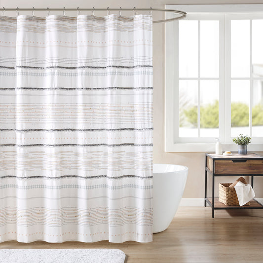 Nea Cotton Printed Shower Curtain with Trims Off White & Gray