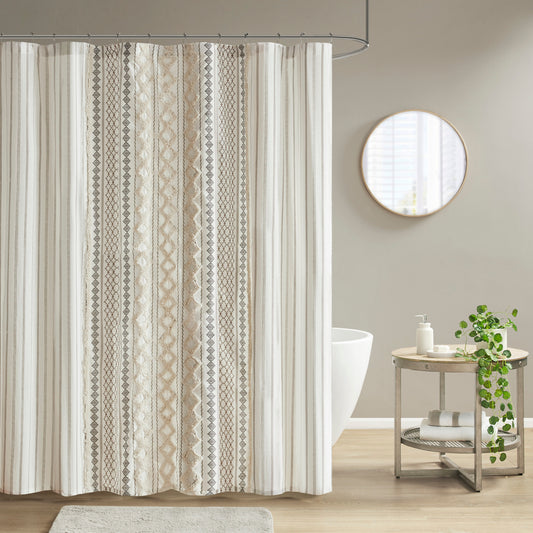 Imani Cotton Printed Shower Curtain with Chenille Ivory