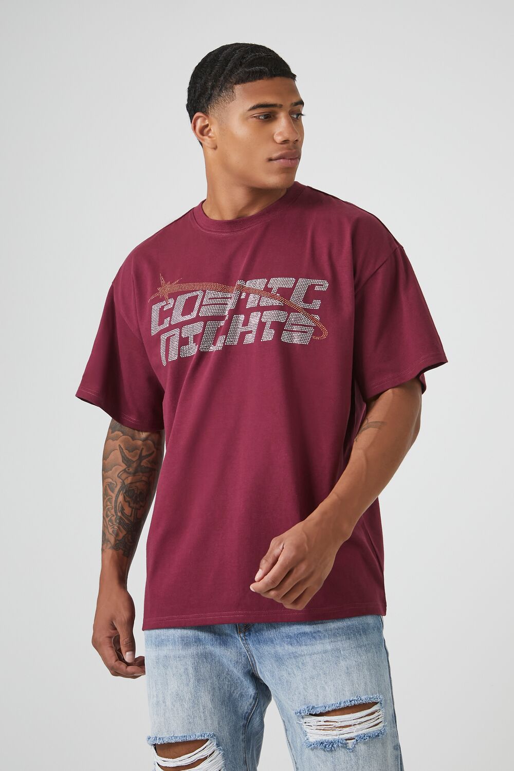Forever 21 Cosmic Nights Rhinestone Graphic Tee - burgundy multi – Bonton