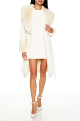 Faux Fur-Trim Faux Suede Trench Coat