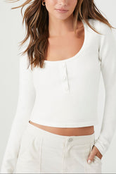 Cropped Sweater-Knit Henley Top