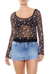 Sheer Mesh Rose Print Top