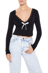 Lace-Trim Plunging Bow Crop Top
