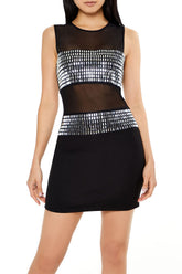 Sheer Mesh Faux Gem Mini Dress