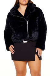 Plus Size Notched Faux Fur Coat