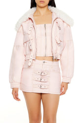 Strappy Faux Fur-Trim Denim Bomber Jacket
