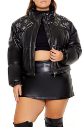 Plus Size Faux Leather Puffer Jacket