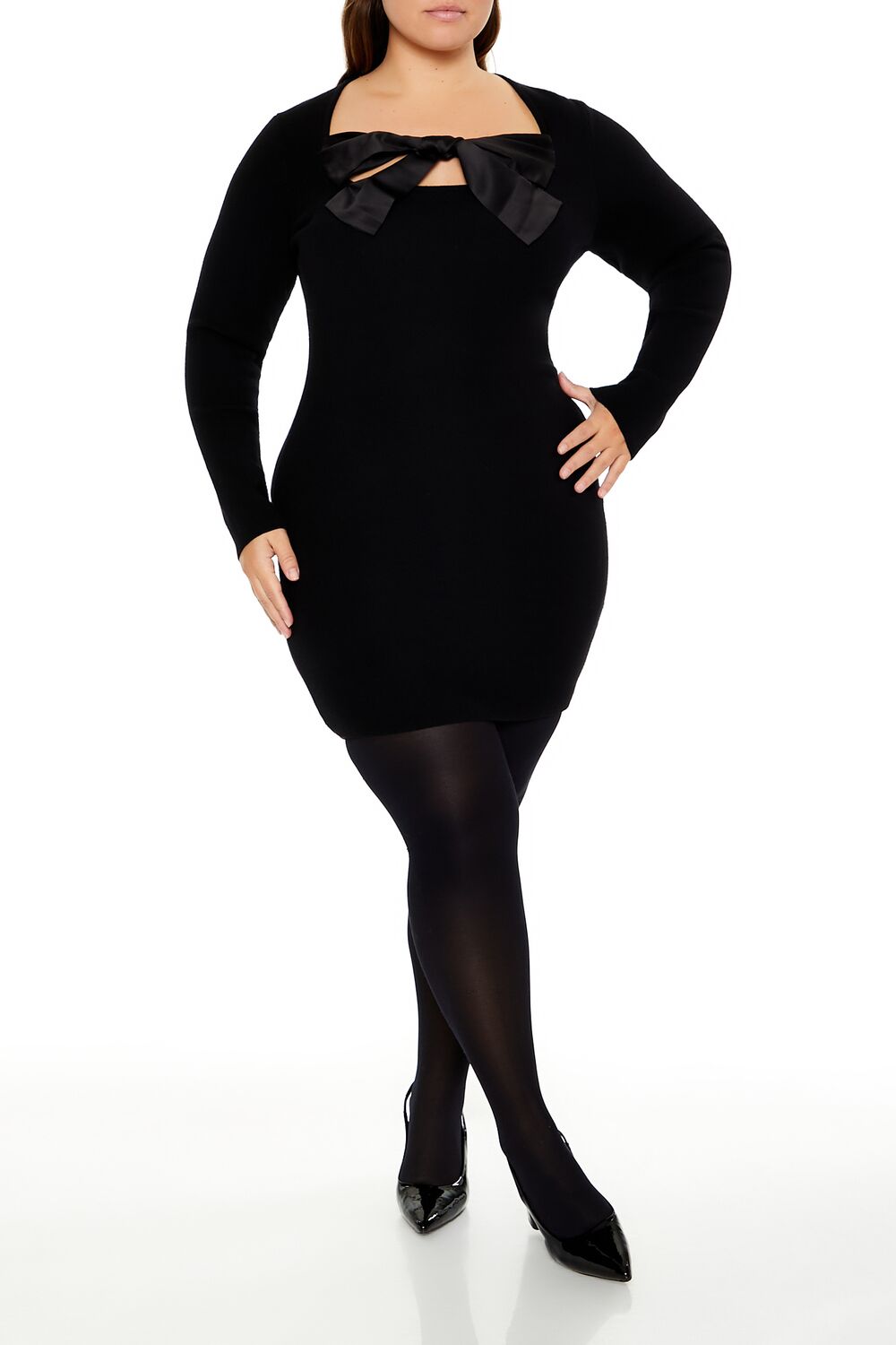 Plus Size Satin Bow Mini Dress in Black-swatch | Size: 2X by Bonton Plus Size Satin Bow Mini Dress in Black-swatch | Size: 2X by Bonton