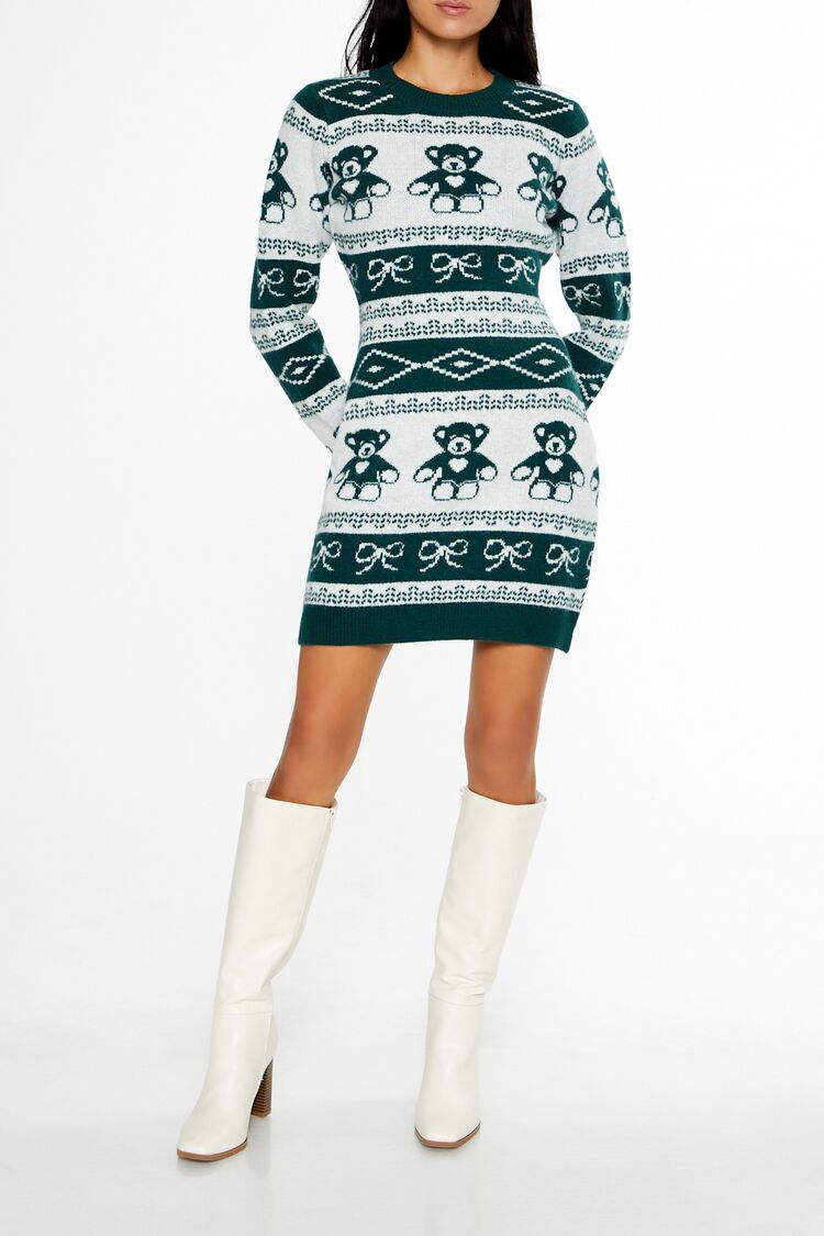Fair Isle Mini Sweater Dress GREEN/WHITE / XL