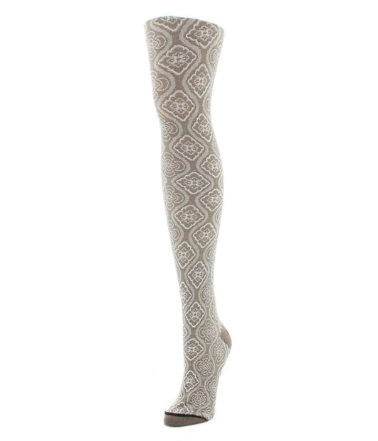 Trellis Patterned Cotton Blend Sweater Tights Taupe Heather