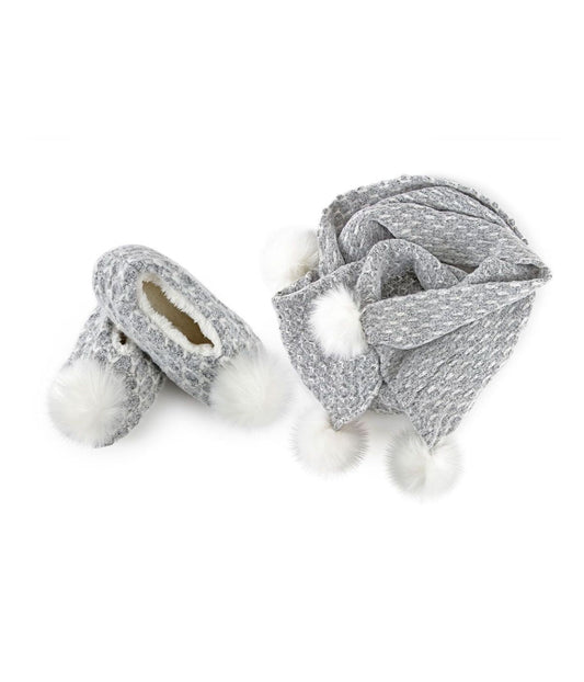 Tweed Knit Shawl Plush-Lined Slipper Set Gray