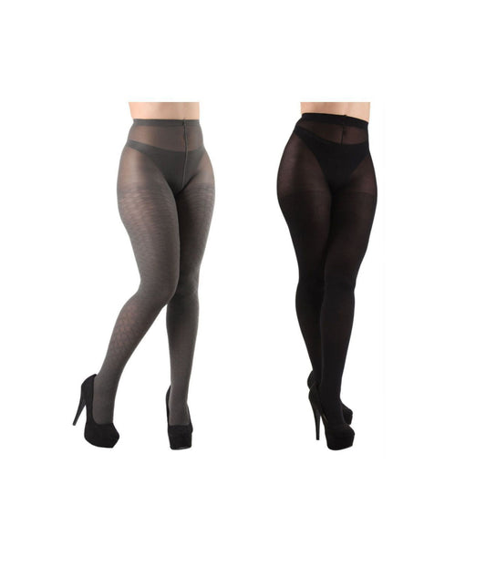 Woven Solid Control Top Tights 2 Pack Gray-Black