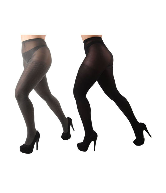 Woven Solid Control Top Tights 2 Pack Gray-Black