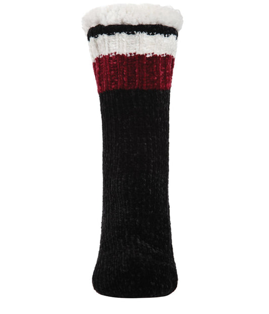 Varsity Chenille Plush-Lined Non-Skid Slipper Sock Black