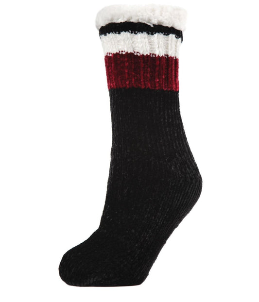 Varsity Chenille Plush-Lined Non-Skid Slipper Sock Black