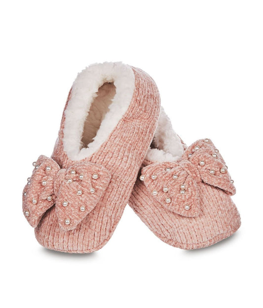 Precious Pearls Chenille Bow Accent Sherpa-Lined Slippers Blush