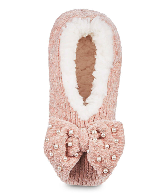 Precious Pearls Chenille Bow Accent Sherpa-Lined Slippers Blush