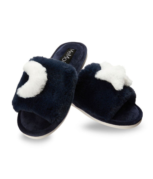 Star and Moon Plush Slippers Midnight Blue