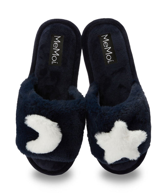 Star and Moon Plush Slippers Midnight Blue