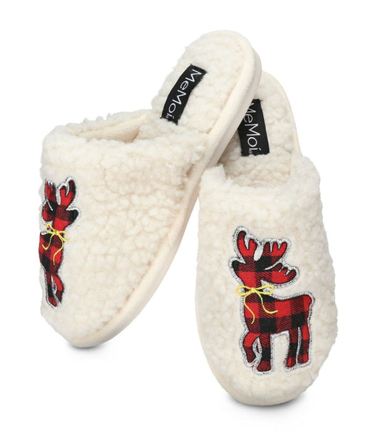 Women's Plaid Reindeer Plush Slippers Ivory